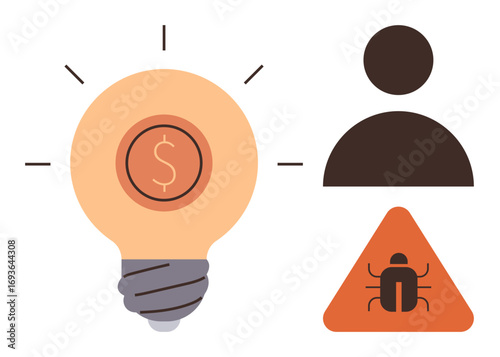 Light bulb with dollar sign, user icon, and warning triangle with bug. Ideal for innovation, finance, technology, cybersecurity, risk management software development and creativity. Simple flat