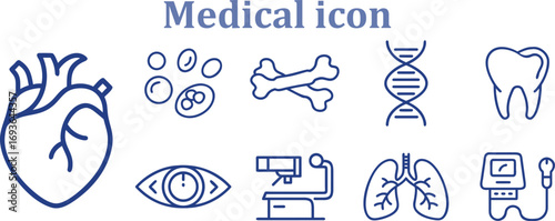 Collection of medical icons including heart, cells, bones, DNA, tooth, eye, microscope, lungs isolated on transparent background
