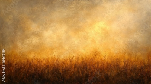 Golden landscape painted with soft textures and a field of wheat stalks