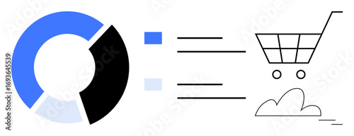 Pie chart with blue and black sections, aligned text lines, and a shopping cart outline, illustrating data, analytics, e-commerce, growth, finance, retail strategies and online trends in a simple
