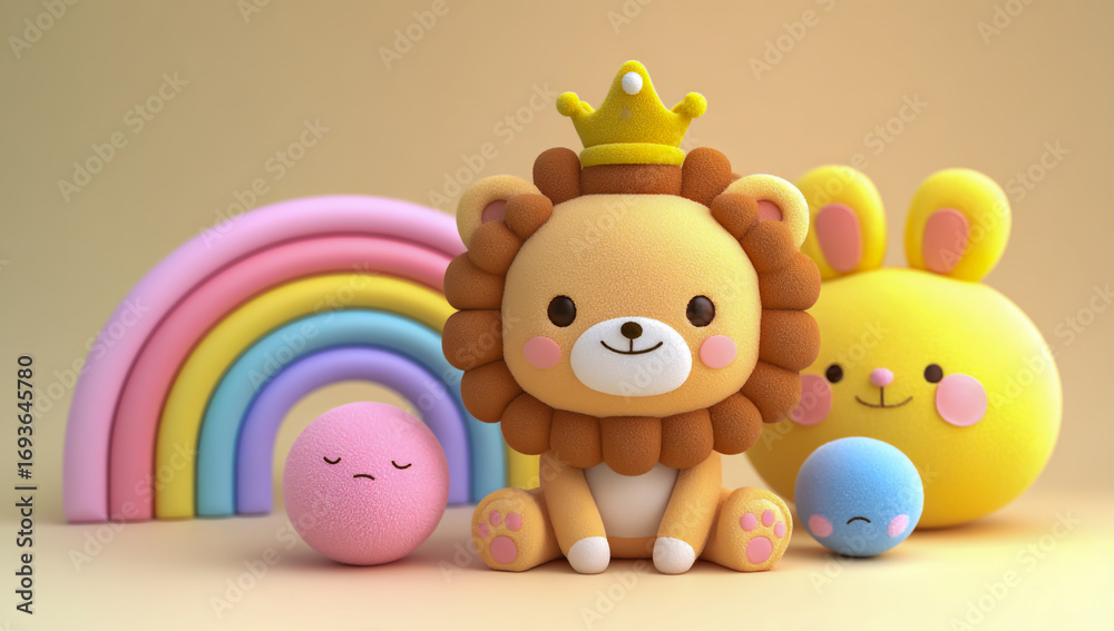 Fototapeta premium Cute cartoon king lion with crown and colorful rainbow and bunny friends
