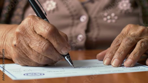 Senior woman writing check with pen, financial transaction. Woman paying bills, finance concept.