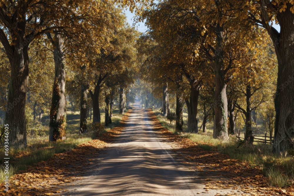 Fototapeta premium Scenic autumn road through a tree-lined avenue with golden leaves and dappled sunlight.