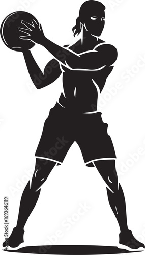 Athletic woman silhouette holding medicine ball fitness exercise workout sport training