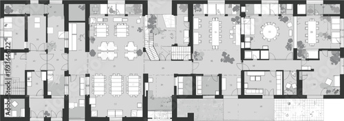 Architectural floor plan drawing, detailed office layout, interior space planning, modern building blueprint, workspace design schematic, CAD illustration