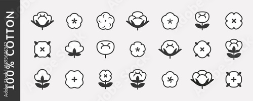 100% cotton black and white icon, logo or label designs set isolated on white background. 100 percent cotton sign collection. Vector illustration