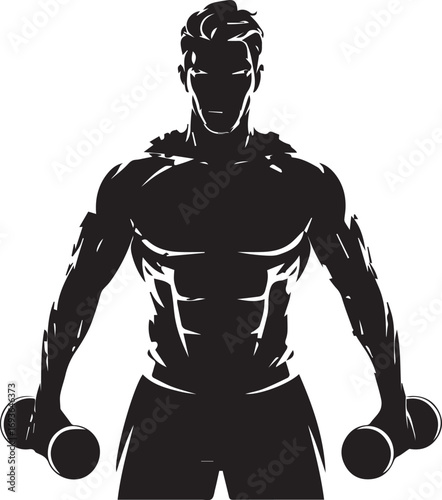 Muscular fitness athlete silhouette holding dumbbells strong bodybuilder physique workout motivation