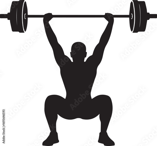 Fitness athlete silhouette lifting heavy barbell overhead during intense strength training workout