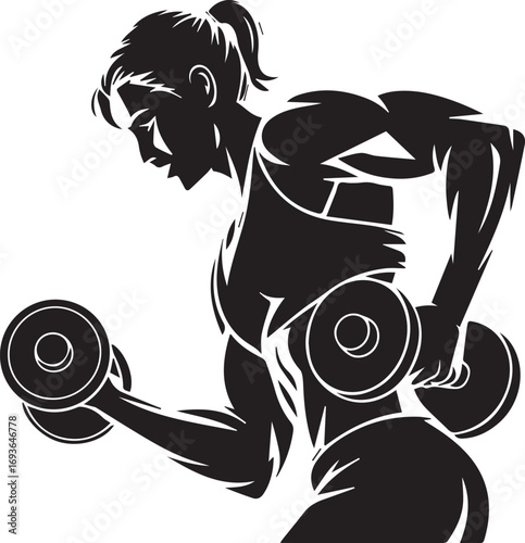 Fit woman silhouette lifting dumbbells biceps curl strength training workout muscular bodybuilding