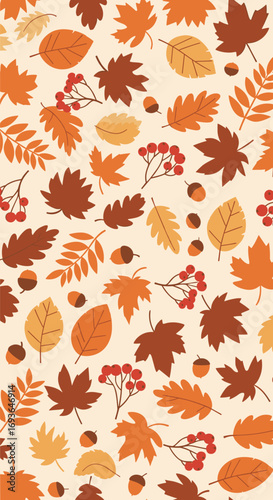 A charming collection of autumn leaves and acorns creating a vibrant seasonal pattern background