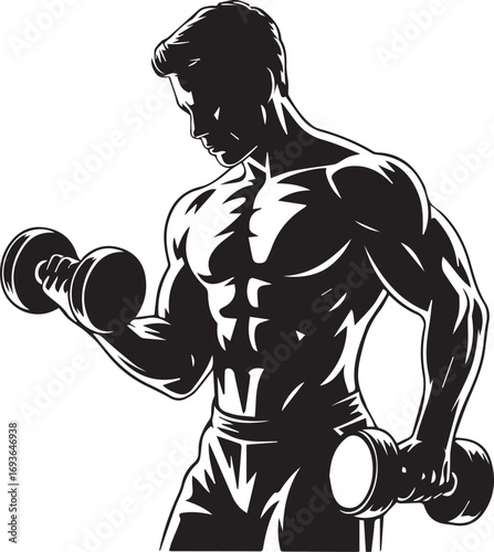 Muscular man silhouette lifting dumbbells intense strength training workout bodybuilding fitness