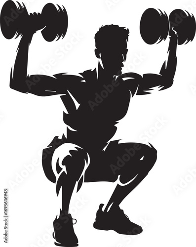 Muscular fitness athlete silhouette doing dumbbell squat exercise posing in dynamic workout