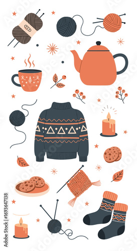 Cozy autumn knitting and hygge lifestyle elements for perfect fall season relaxation