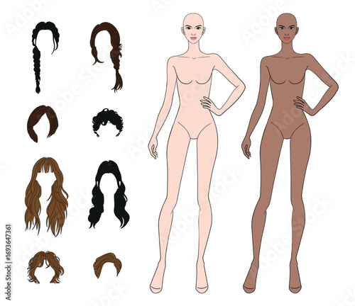 Mix and match colored skin tones fashion croquis figurines female body with hand on hip different hairs in vector.
