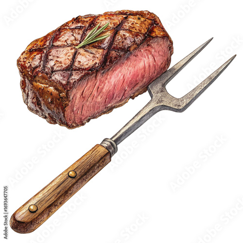 Juicy grilled steak with rosemary and carving fork ready for serving, a gourmet delight for any culinary enthusiast.