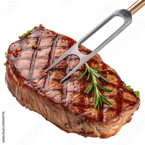 Juicy grilled steak with grill marks, rosemary sprig, and peppercorns ready to be served for a delicious meal.