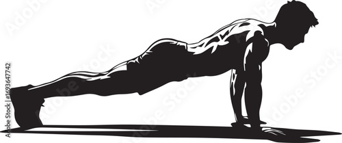 Powerful fitness athlete silhouette performing plank exercise for strength and core training