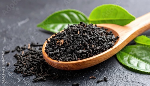 Dark tea leaves, piled high in a wooden spoon, sit atop a dark surface with fresh green tea leaves