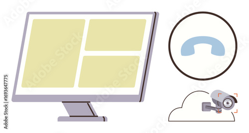 Desktop monitor with segmented layout, phone receiver icon, cloud with CCTV camera. Ideal for technology, communication, UX design, cybersecurity, remote work surveillance data management. Simple