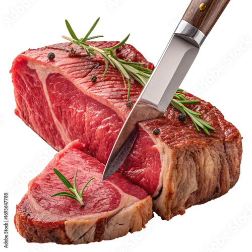 Savor the succulent richness of a perfectly seared steak expertly sliced with a sharp knife and fresh rosemary garnish