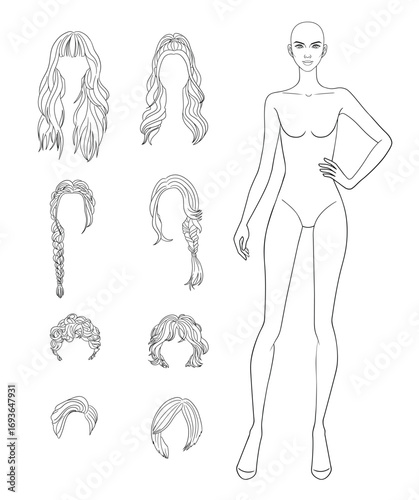 Mix and match Fashion outline sketch croquis figurines female body with hand on hip different hairs in vector.