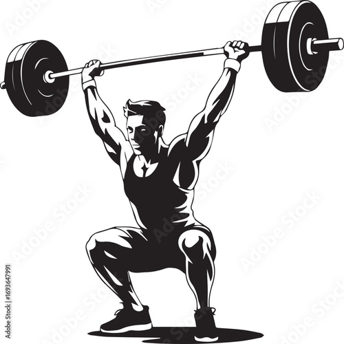 Muscular fitness athlete silhouette performing overhead barbell squat strength training