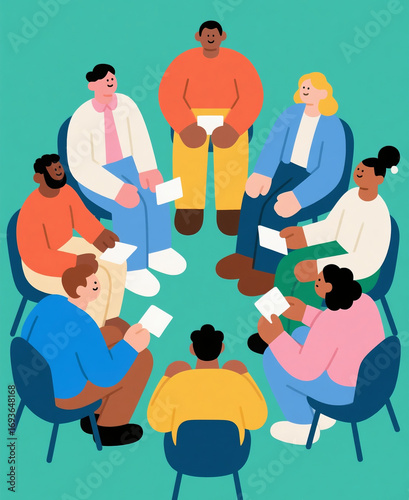 A diverse group of people engaged in a collaborative brainstorming session, sitting in a circle and sharing innovative ideas symbolized by lightbulbs