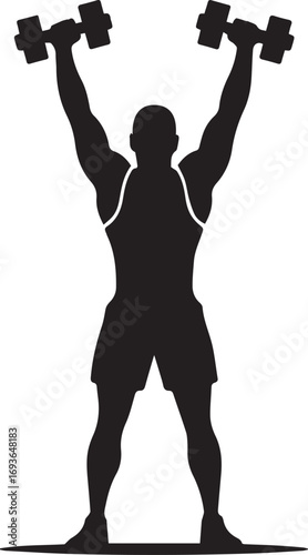 Fitness athlete silhouette raising dumbbells overhead for strength training and bodybuilding