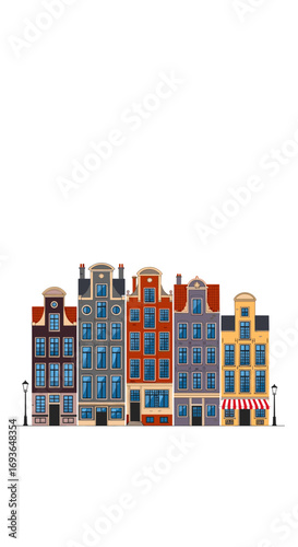 A row of colorful tall narrow buildings in a european city with arched roofs and decorative facades creating a charming cityscape architectural illustration
