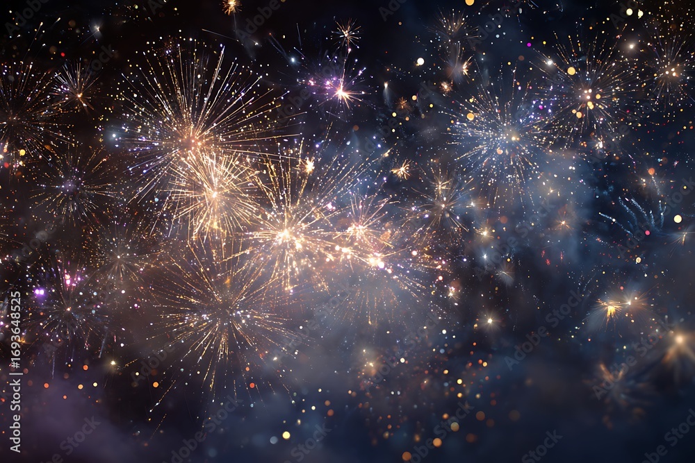 Fototapeta premium Explosive celebration fireworks illuminating the night sky with vibrant bursts of light and shimmering particles creating a festive, magical atmosphere.