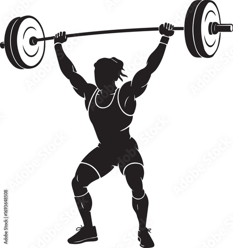 Muscular fitness athlete silhouette lifting heavy barbell in athletic pose for strength training