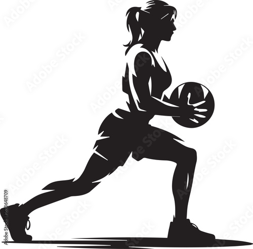 Fit woman silhouette performing lunge exercise with medicine ball for strength training