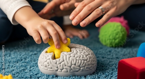 Child's hands connecting puzzle pieces into a toy brain model, symbolizing cognitive development and learning