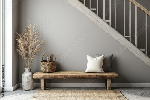Wooden bench against grey wall and staircase. Scandinavian, rustic farmhouse interior design of modern entryway, Generative AI