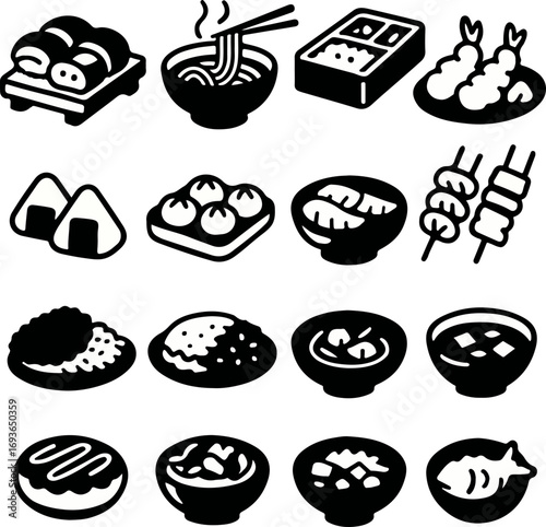 Collection of Japanese food icons, black and white style.