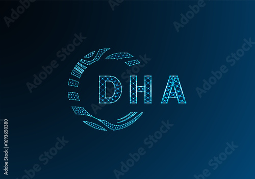 DHA low poly letter logo vector design. DHA lower poly logo design. DHA unique low poly logo design.