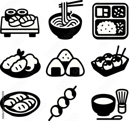 A collection of nine black and white icons depicting various popular Japanese food dishes and culinary items.