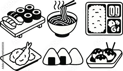 Black and white illustration of various Japanese food items, including sushi and noodles.