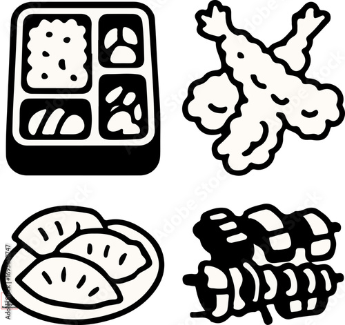 Four Asian food dishes: bento box, tempura shrimp, gyoza dumplings, yakitori skewers.