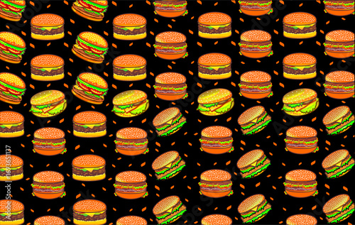 Doodle burger pattern background. Seamless pattern of burger. Doodle cheese burger of hamburger pattern background. Burger pattern. Vector illustration.