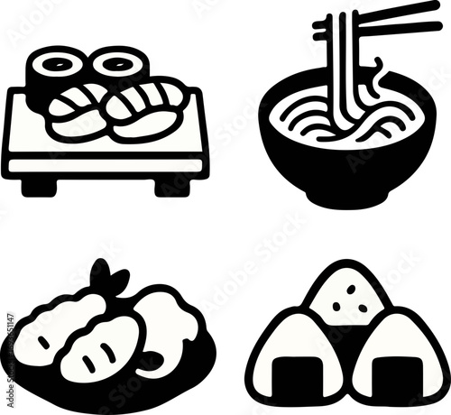 A collection of four black and white icons depicting popular Japanese food dishes: sushi, ramen, tempura, and onigiri.