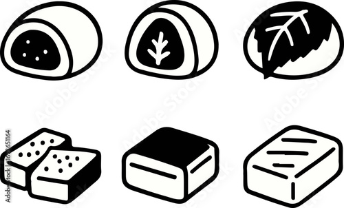 A collection of six traditional Japanese wagashi sweets, including mochi, kashiwa mochi, and yokan, depicted in a simple black and white line art style.