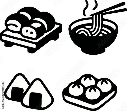 Black and white food icons: dumplings, noodles, onigiri, and eggplant.
