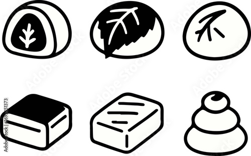 A collection of six minimalist, black and white line art icons representing various traditional Japanese wagashi sweets.