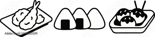 A simple black and white illustration of three different types of Japanese food items.