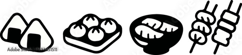 Illustration of various Asian food items, including rice balls, dumplings, and skewers, in a simple black and white style.