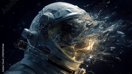 Disintegrating Astronaut Helmet in Space: Digital Art