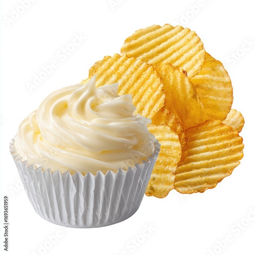 Creamy cupcake topped with frosting beside a pile of potato chips