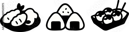 Stylized black and white illustration of Japanese food items including tempura, onigiri rice balls, and takoyaki.