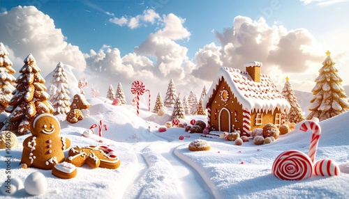A whimsical gingerbread house nestled in a snowy landscape, decorated with candy canes and cookies